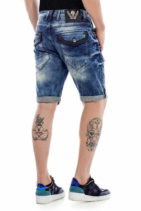 CK181 Metal Embroidered Ripped Patch Denim Capri Shorts