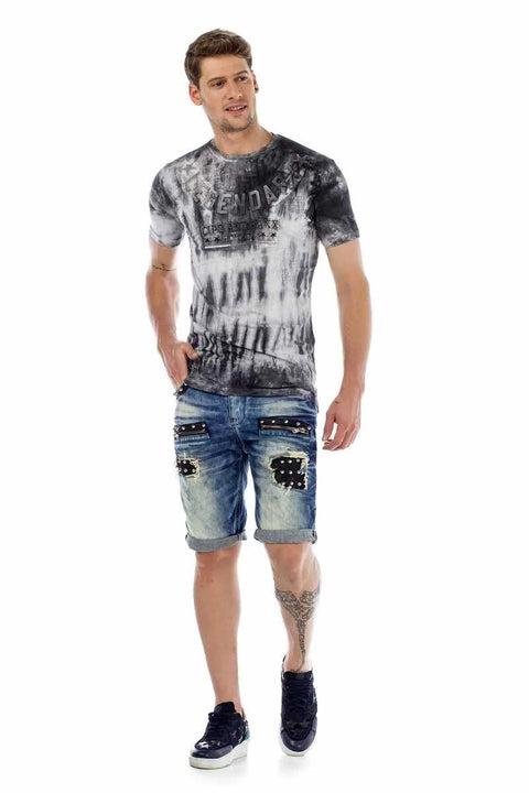 CK181 Metal Embroidered Ripped Patch Denim Capri Shorts