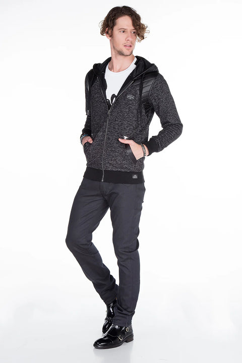 CL251 Leather Piece Hooded Thin Men's Sweatshirt