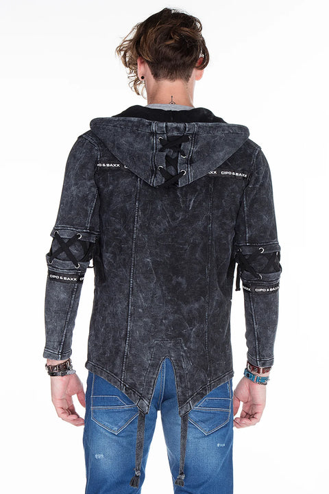CL257 Lace-Up Hooded Zippered Men's Sweatshirt