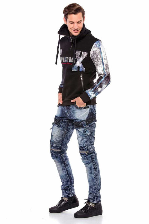 CL366 Zippered Stand-Up Collar Printed Sleeve Men's Sweatshirt
