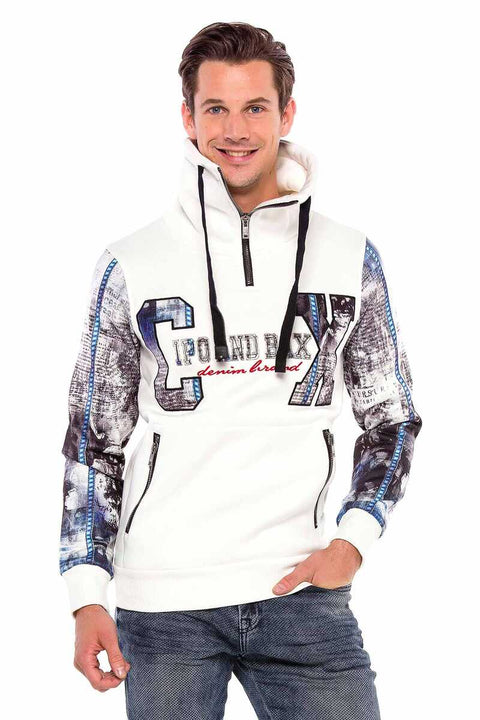 CL366 Zippered Stand-Up Collar Printed Sleeve Men's Sweatshirt