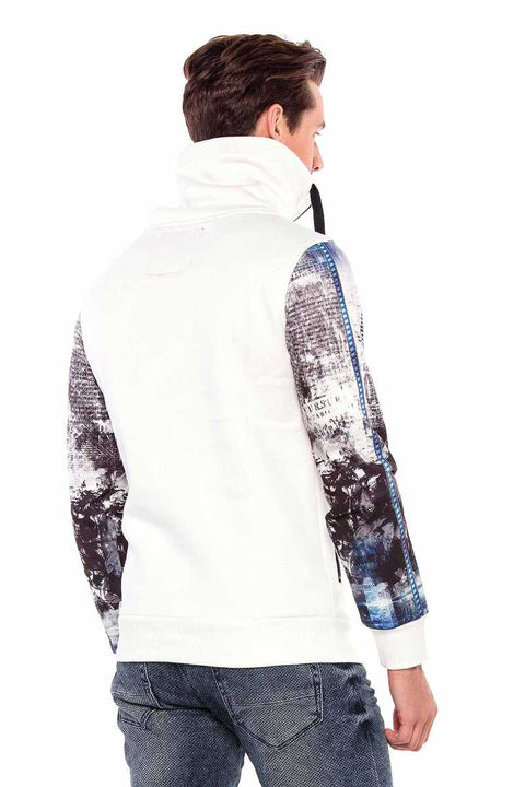 CL366 Zippered Stand-Up Collar Printed Sleeve Men's Sweatshirt