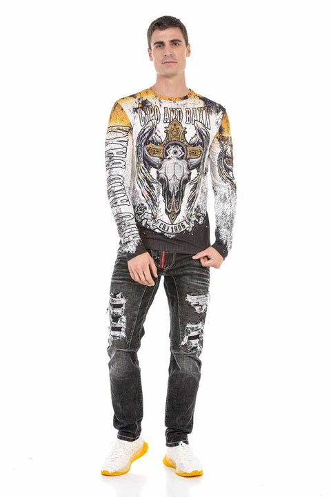 CL492 Ecru Color Skull Printed Sweatshirt