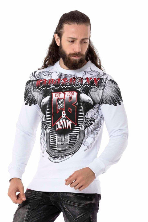 Cl515 Eagle Patterned White Thick Sweatshirt