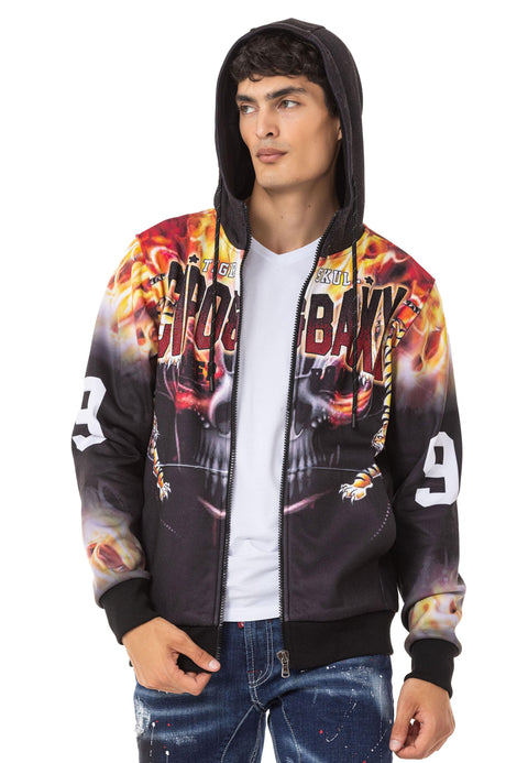 CL546 Skull and Flame Printed Men's Zip Sweatshirt