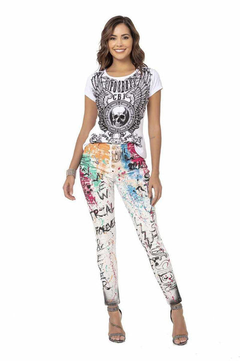 WD472 White Hand Painted Patterned Women's Jean