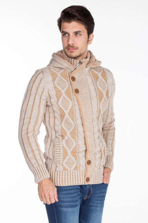 CP161 High Collar Buttoned Hooded Patterned Men's Cardigan