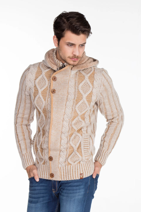 CP161 High Collar Buttoned Hooded Patterned Men's Cardigan