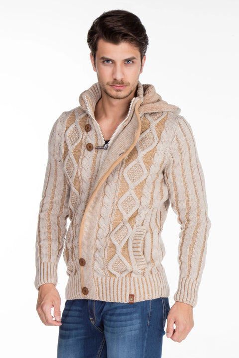 CP161 High Collar Buttoned Hooded Patterned Men's Cardigan