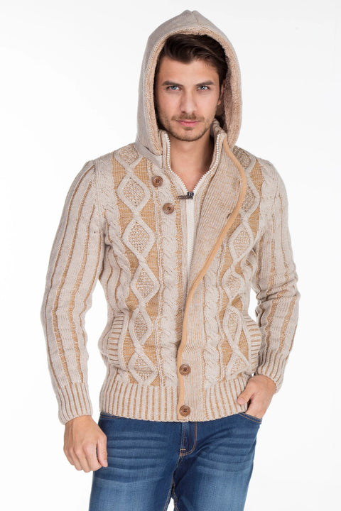 CP161 High Collar Buttoned Hooded Patterned Men's Cardigan
