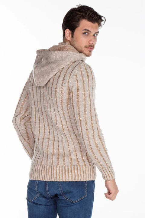 CP161 High Collar Buttoned Hooded Patterned Men's Cardigan