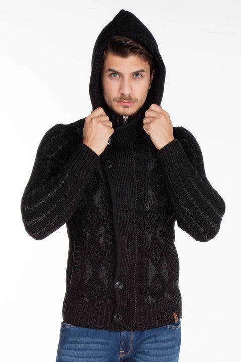 CP161 High Collar Buttoned Hooded Patterned Men's Cardigan