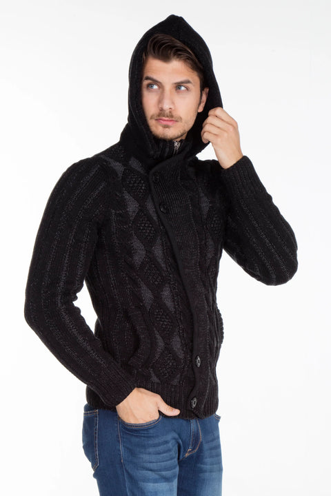 CP161 High Collar Buttoned Hooded Patterned Men's Cardigan