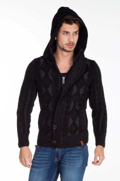 CP161 High Collar Buttoned Hooded Patterned Men's Cardigan