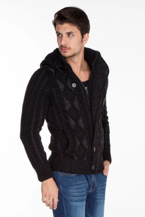 CP161 High Collar Buttoned Hooded Patterned Men's Cardigan