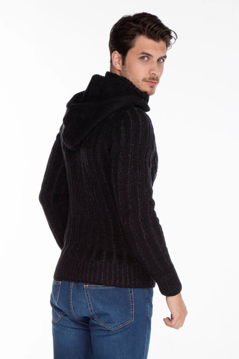 CP161 High Collar Buttoned Hooded Patterned Men's Cardigan