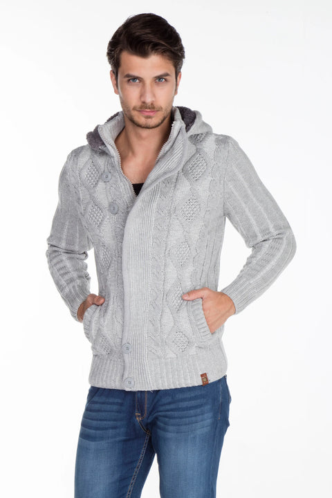 CP161 High Collar Buttoned Hooded Patterned Men's Cardigan