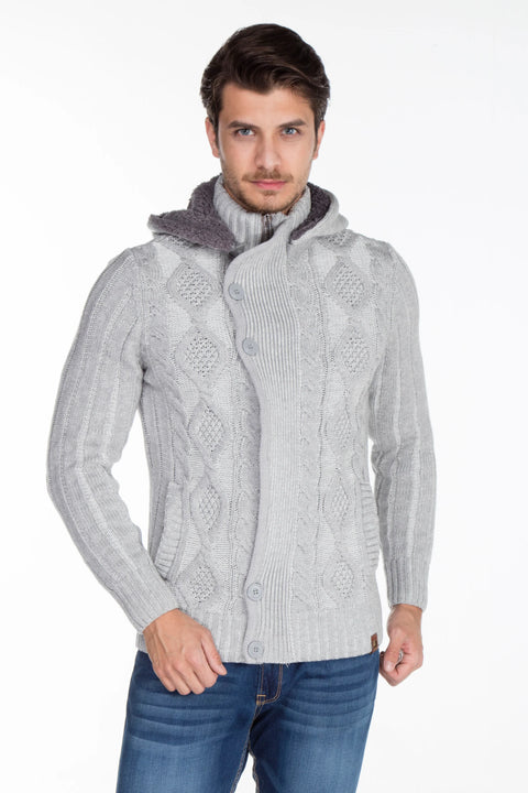 CP161 High Collar Buttoned Hooded Patterned Men's Cardigan