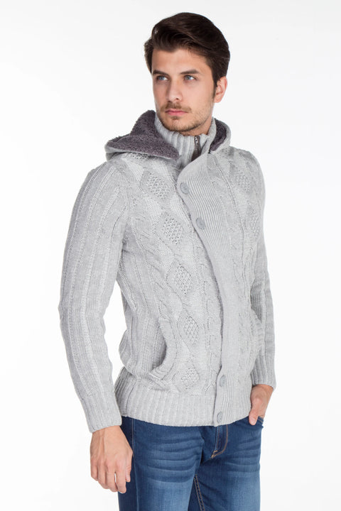 CP161 High Collar Buttoned Hooded Patterned Men's Cardigan