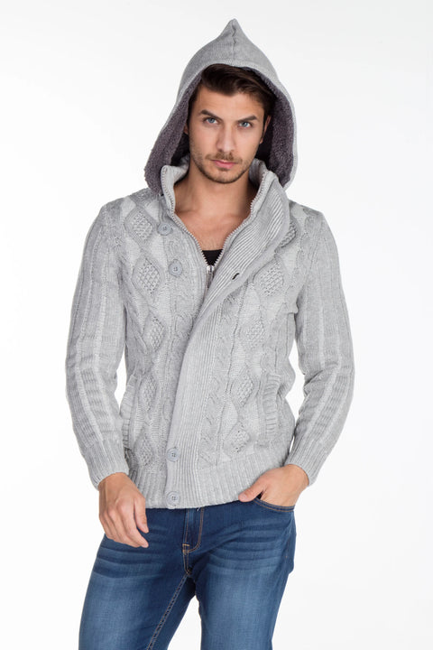 CP161 High Collar Buttoned Hooded Patterned Men's Cardigan