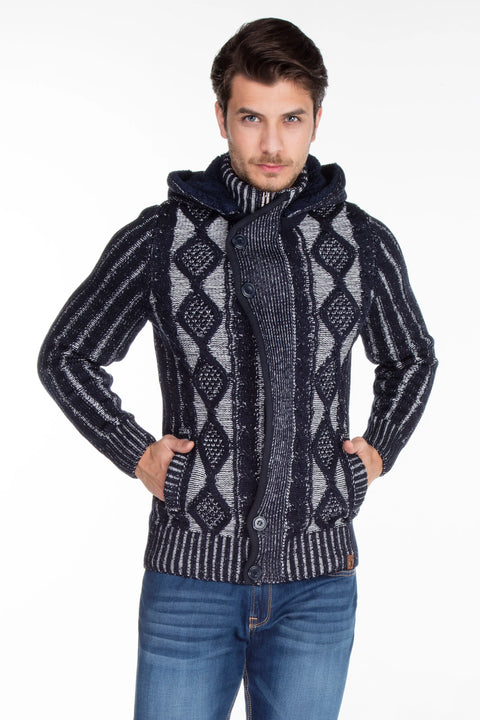 CP161 High Collar Buttoned Hooded Patterned Men's Cardigan
