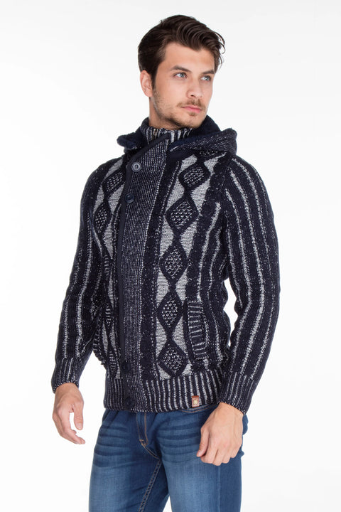 CP161 High Collar Buttoned Hooded Patterned Men's Cardigan