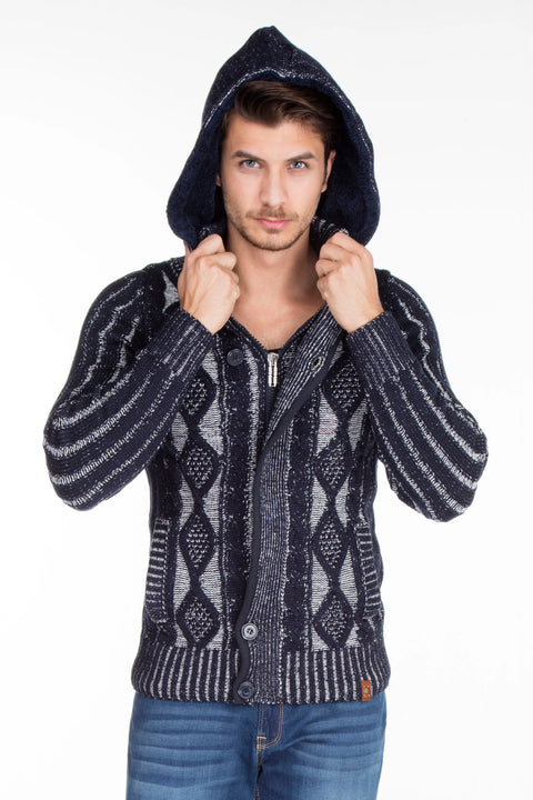 CP161 High Collar Buttoned Hooded Patterned Men's Cardigan