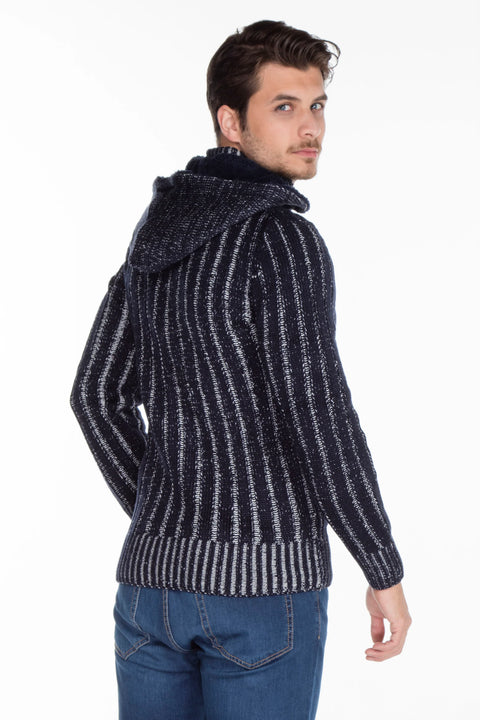 CP161 High Collar Buttoned Hooded Patterned Men's Cardigan