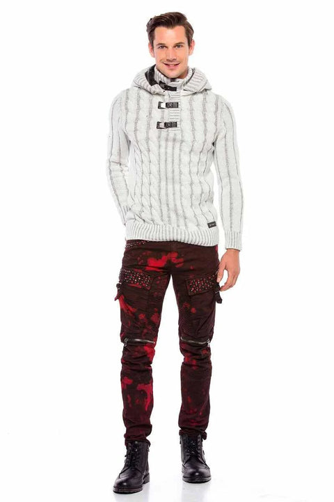 CP214 Plush Hooded Collar Knitted Pattern Thick Sweater