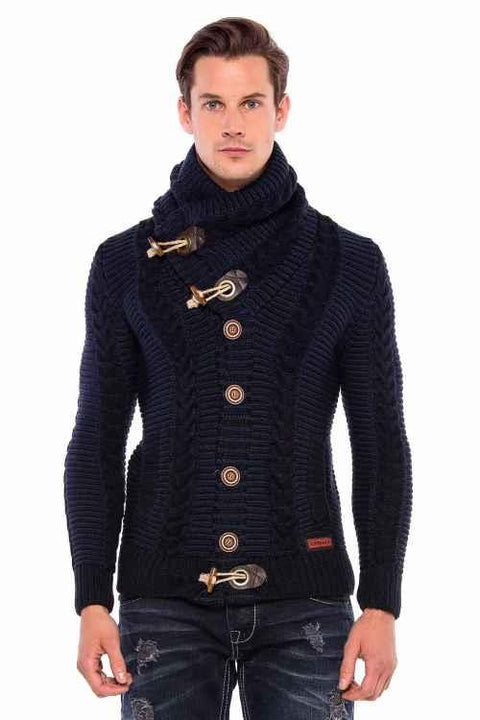 CP215 Lock Button Thick Stand Collar Knitted Wool Men's Cardigan