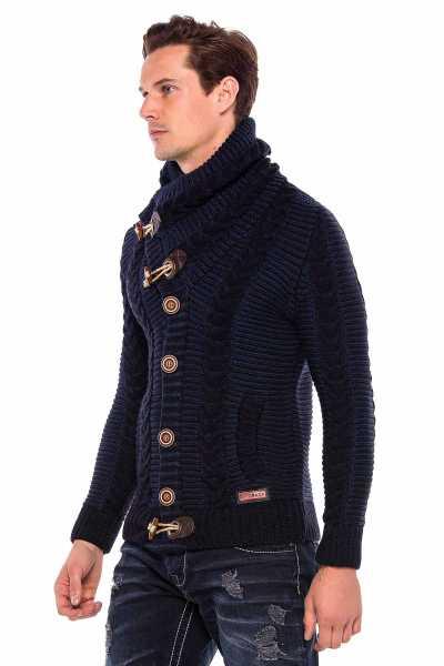 CP215 Lock Button Thick Stand Collar Knitted Wool Men's Cardigan