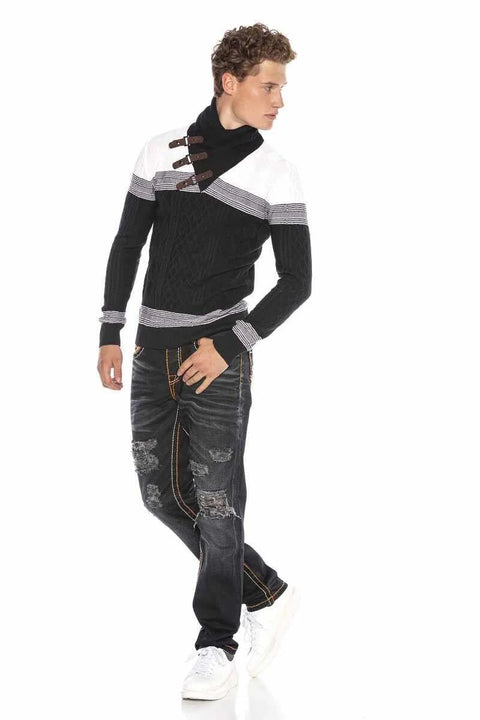 CP226 Detailed Shawl Collar Patterned Slim Fit Men's Sweater
