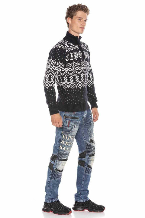 CP233 High Collar Zippered Patterned Thick Sweater