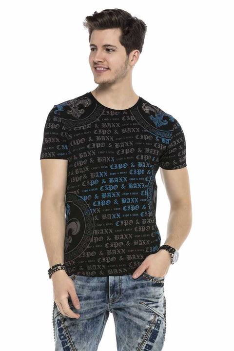 CT554 Text Patterned T-Shirt with Stones on Shoulders