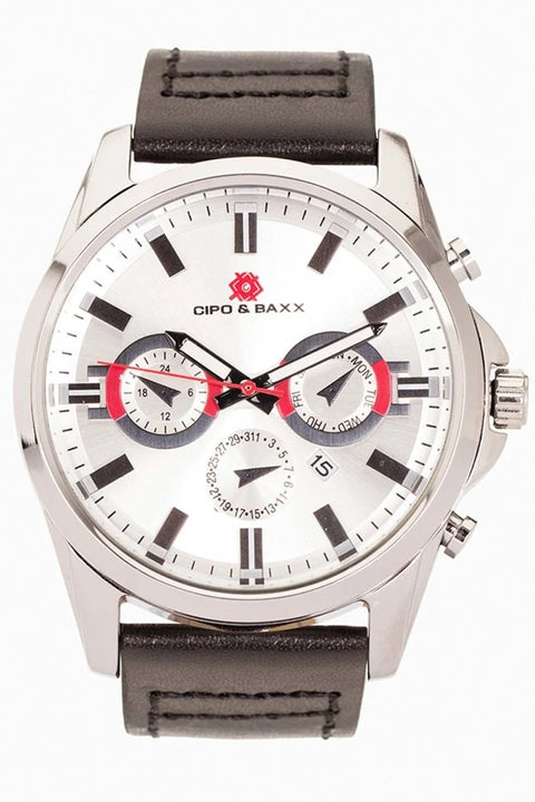 CZ108 Silver Color Steel Men's Watch with Leather Strap