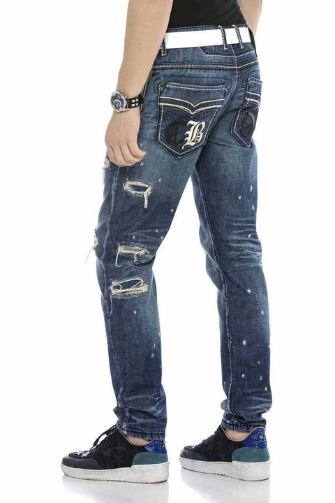 CD627 Pocket Embroidered Destroyed Ripped Men's Jean Pants