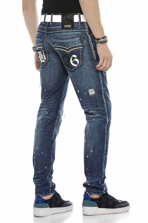 CD627 Pocket Embroidered Destroyed Ripped Men's Jean Pants