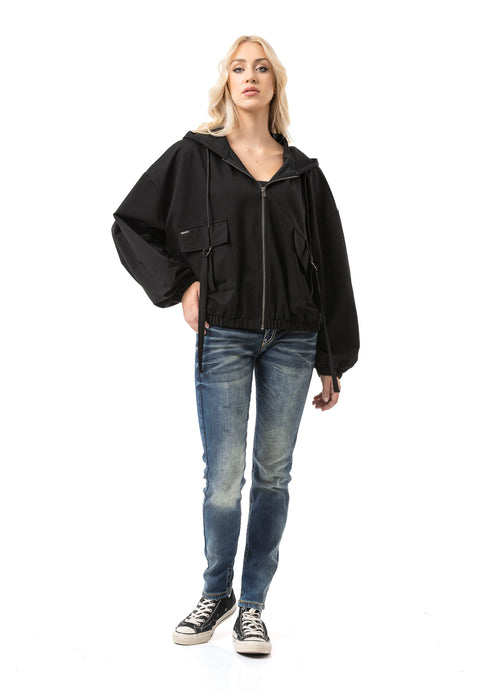 WL368 Women Hooded Sweat Jacket – Black Zip Hoodie with Utility Pockets & Oversized Fit | Functional Streetwear for Everyday & Leisure