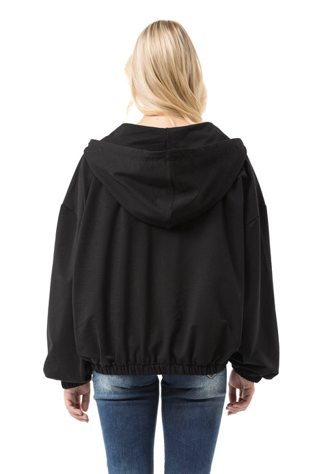 WL368 Women Hooded Sweat Jacket – Black Zip Hoodie with Utility Pockets & Oversized Fit | Functional Streetwear for Everyday & Leisure