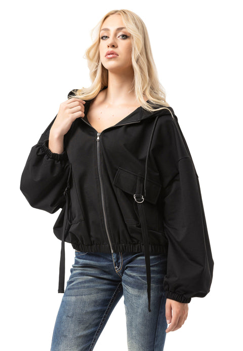 WL368 Women Hooded Sweat Jacket – Black Zip Hoodie with Utility Pockets & Oversized Fit | Functional Streetwear for Everyday & Leisure