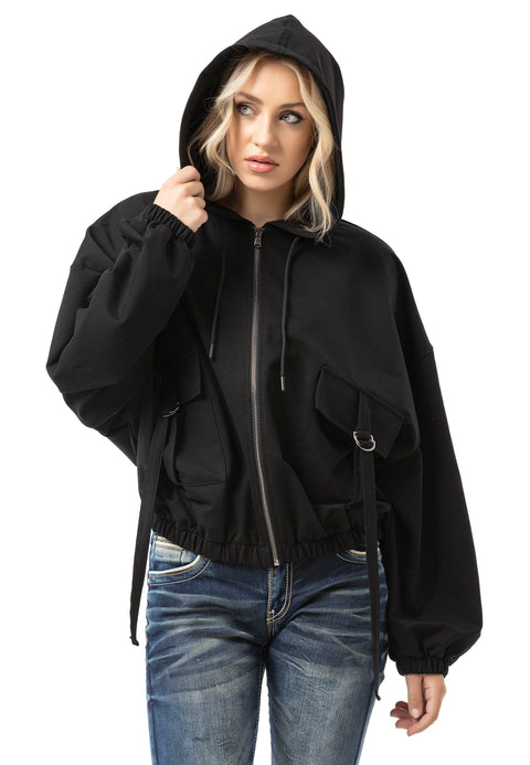 WL368 Women Hooded Sweat Jacket – Black Zip Hoodie with Utility Pockets & Oversized Fit | Functional Streetwear for Everyday & Leisure