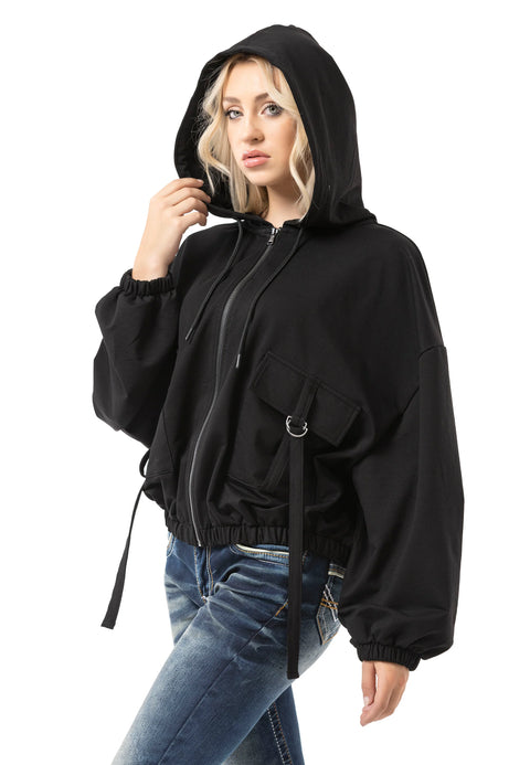 WL368 Women Hooded Sweat Jacket – Black Zip Hoodie with Utility Pockets & Oversized Fit | Functional Streetwear for Everyday & Leisure