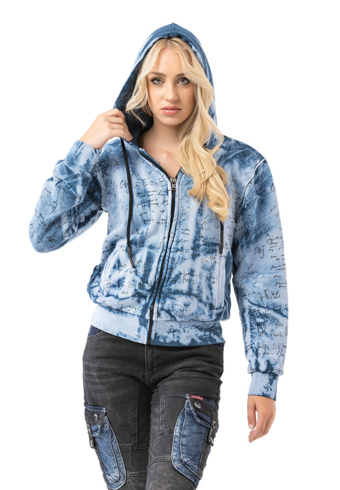 WL379 Women hooded sweatshirt jacket – zip hoodie with tie-dye pattern & back print | oversized streetwear with pockets & drawstring
