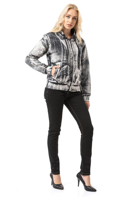 WL379 Women hooded sweatshirt jacket – zip hoodie with tie-dye pattern & back print | oversized streetwear with pockets & drawstring