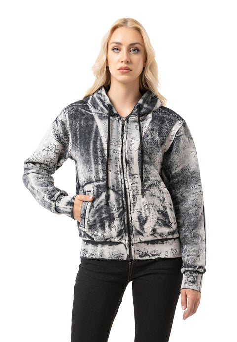 WL379 Women hooded sweatshirt jacket – zip hoodie with tie-dye pattern & back print | oversized streetwear with pockets & drawstring