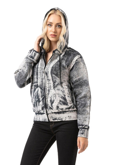 WL379 Women hooded sweatshirt jacket – zip hoodie with tie-dye pattern & back print | oversized streetwear with pockets & drawstring