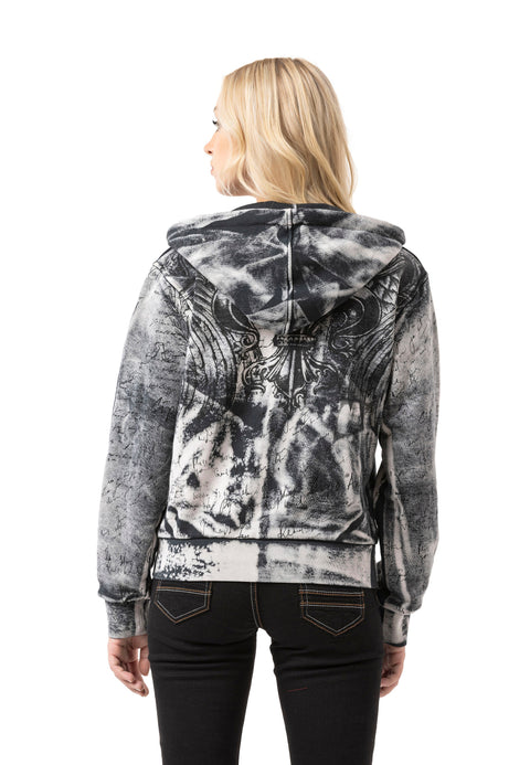 WL379 Women hooded sweatshirt jacket – zip hoodie with tie-dye pattern & back print | oversized streetwear with pockets & drawstring
