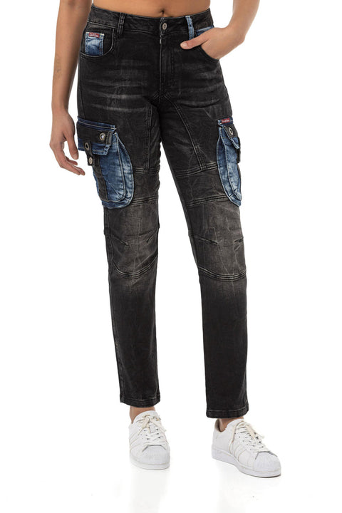 WD521 Contrast Colored Women's Jean Trousers with Cargo Pockets