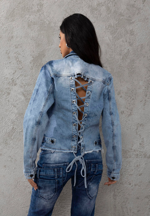 WJ229 Trendy Women Denim Jacket with Sophisticated Back Design